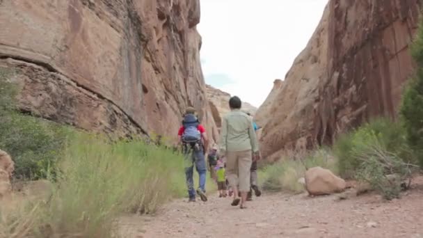 Familjen vandring genom en kanjon — Stockvideo