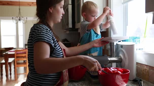 一位母亲和孩子做些番茄酱 — 图库视频影像