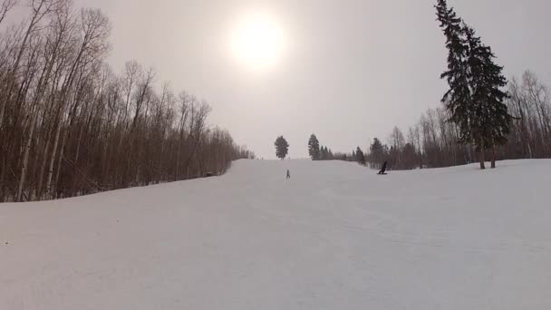 Esquiadores em uma nevasca de inverno — Vídeo de Stock
