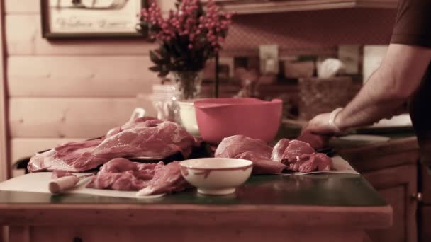 Охотник разделывает мясо лося — стоковое видео