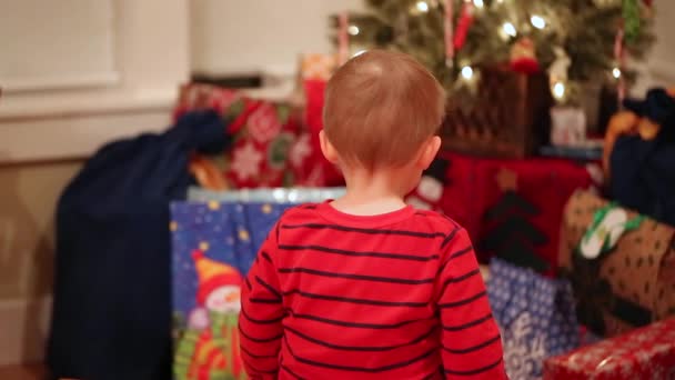 Junge mit einem Weihnachtsgeschenk — Stockvideo