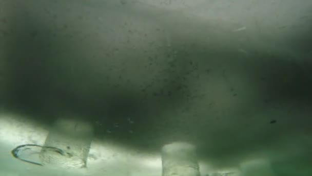 Pescatore mette una macchina fotografica sotto il ghiaccio congelato — Video Stock