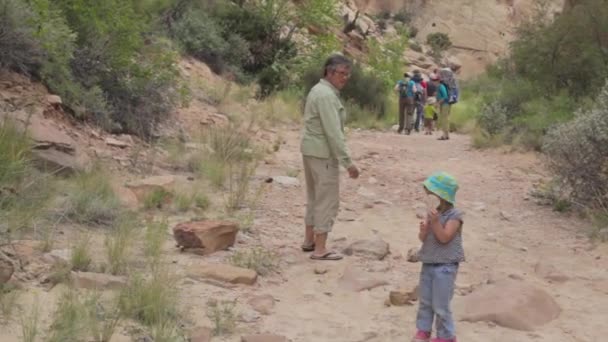一个家庭通过国家公园徒步旅行 — 图库视频影像