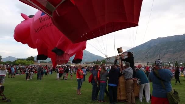 Hete lucht ballonnen rond waait in de wind op grond — Stockvideo