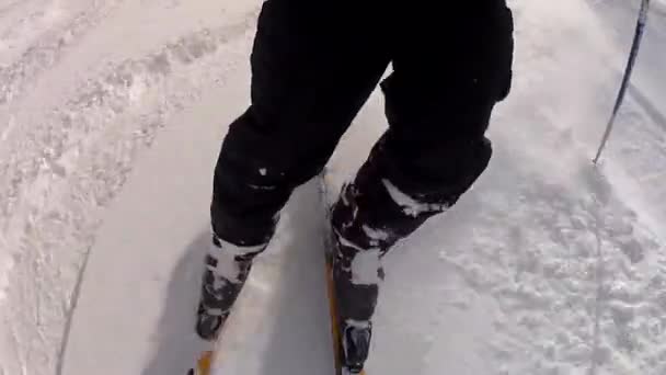 Человек катается на лыжах с холма — стоковое видео