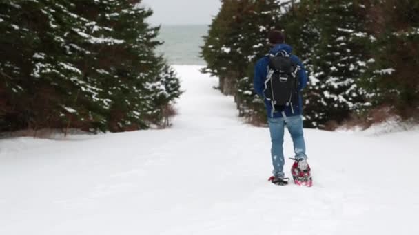 Ένας άνθρωπος πεζοπορία με χιονοπέδιλα — Αρχείο Βίντεο