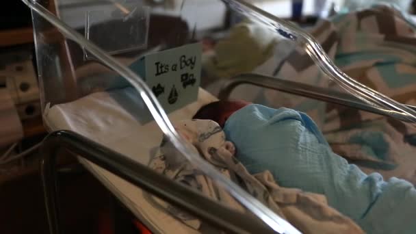 Woman sleeps  in a hospital bed near newborn — Stock Video