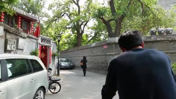 Touristen fahren mit Rikscha durch Peking — Stockvideo