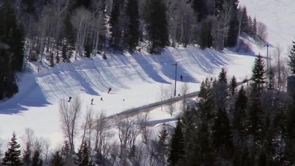 Skiërs in een berg skiresort — Stockvideo