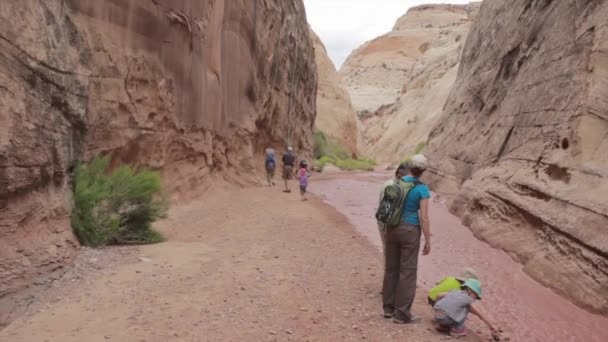 Family hiking through a slot canyon — Stock Video