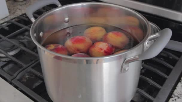 Peaches boiling in hot water — Stock Video