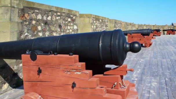 Tourists looking at the canons of fort Louisbourg — Stock Video