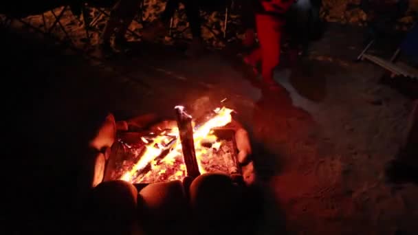Família senta-se em torno de uma fogueira — Vídeo de Stock