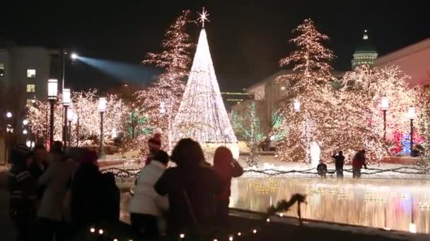 Menschen genießen die Weihnachtsbeleuchtung — Stockvideo