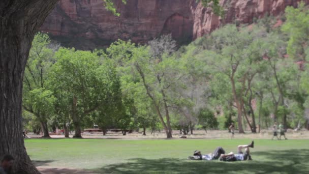 Caminhantes descansando no parque — Vídeo de Stock