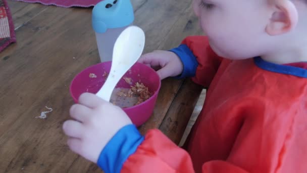 Boy makan sarapannya — Stok Video
