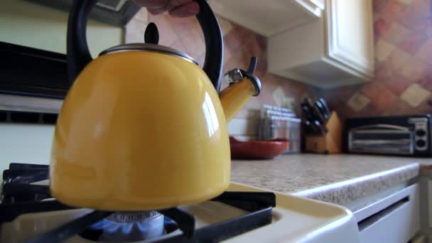 Hervidor de té calefacción en la estufa — Vídeos de Stock