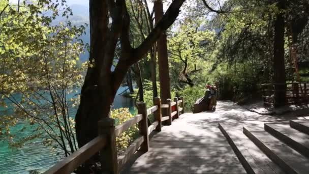 Tourists hiking at Jiuzhaigou Valley — Stock Video