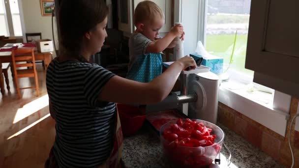 A mother and toddler make tomato sauce — Stock Video