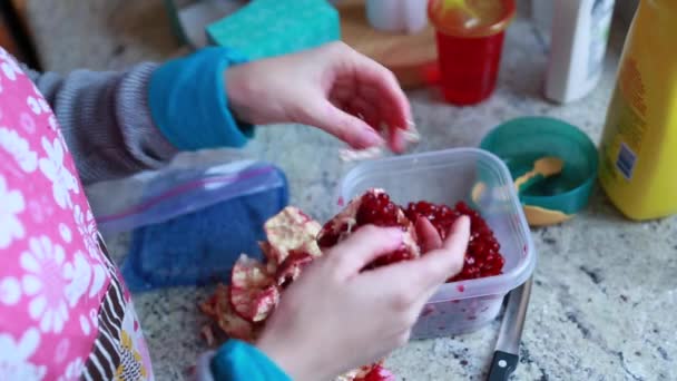 Woman peeling a pomegranate — Stock Video