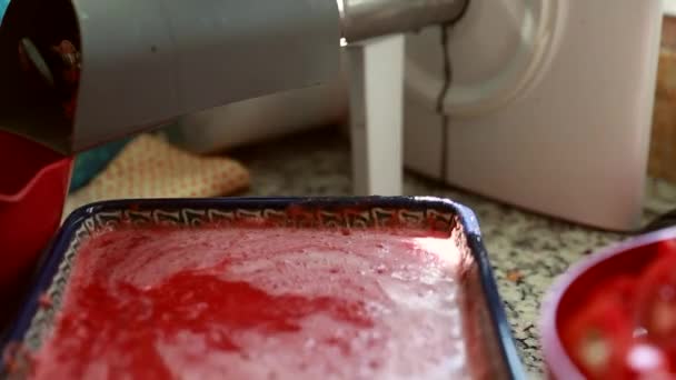 A woman juices tomatoes — Stock Video