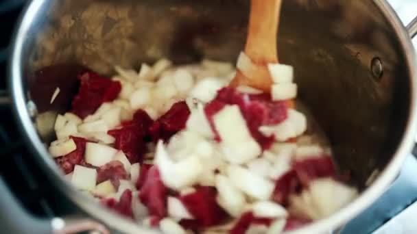 Mulher cozinha carne e cebola — Vídeo de Stock
