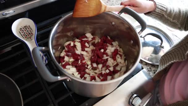 Kobieta kucharzy mięsa i cebuli — Wideo stockowe