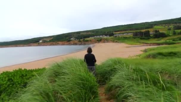 Vrouw wandelingen langs Kaap — Stockvideo