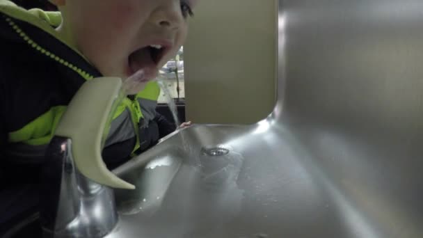 Mujer ayudando a chico a conseguir bebida en fuente — Vídeo de stock
