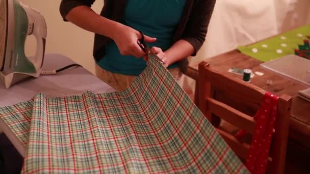 Vrouw strijkijzers katoenweefsel — Stockvideo