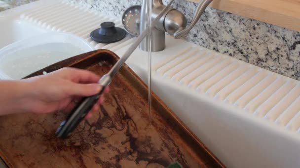 A young woman scrubs the dirty dishes — Stock Video