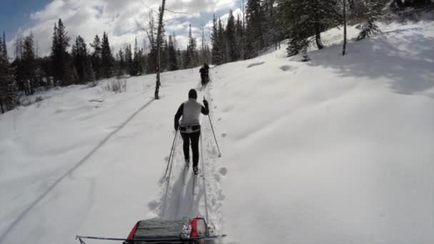 Женщина тянет трейлер во время катания на лыжах — стоковое видео