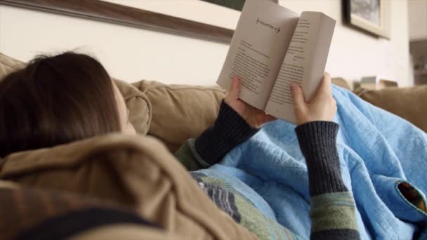 Frau liest Booklet auf Couch — Stockvideo