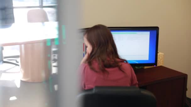 Mujer trabajando en su escritorio — Vídeos de Stock
