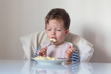 Baby eats top view kitchen Breakfast copyspace