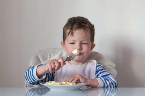 Baby eats top view kitchen Breakfast copyspace