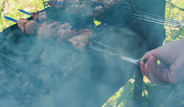 Adam kırsalda ızgarada kebap yapıyor..