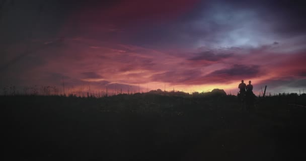 Sylwetka Dwóch Koni Odjeżdża Magiczny Zachód Słońca Złotoróżowym Kolorowym Niebem — Wideo stockowe