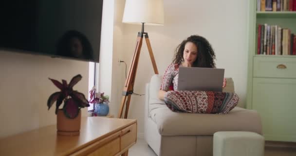 Kanepede dizüstü bilgisayarlı bir kadın oturuyor. — Stok video