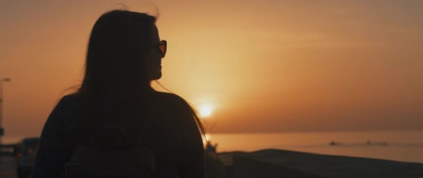 Silhueta de uma jovem ao pôr-do-sol — Vídeo de Stock