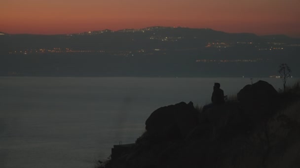 Человек, сидящий на скале со своей собакой, — стоковое видео