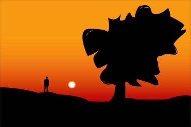 Tepede yapayalnız bir adam ve büyük yalnız bir ağaç. Vektör peyzaj tasarımı. Kapak tasarımı, sosyal medya paylaşımı ve web sayfası kapağı için ağaç ve insan silueti vektör tasarımı.