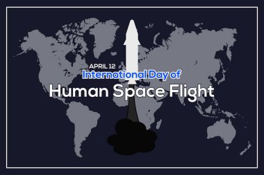 Uluslararası İnsan Uzay Uçuş Günü. Harita ve uzay gemisi ikon vektörü koyu mavi bir arkaplanda izole edildi. İnsan Uzay Uçuş Posteri Günü, 12 Nisan. Önemli bir gün.