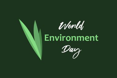 Dünya Çevre Günü tipografi vektör arkaplanı. Koyu yeşil arkaplanda yeşil yapraklar.