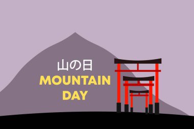 Geleneksel bir Japon Tapınağı Kapısı ile Dağ Günü 'nü kutlamak için Japonca' da karşılama sözlerinin yer aldığı Dağ Günü manzarası 