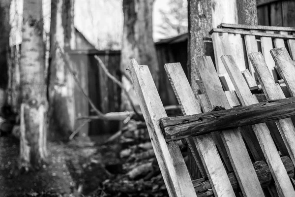 Holztor und Baumstämme — Stockfoto