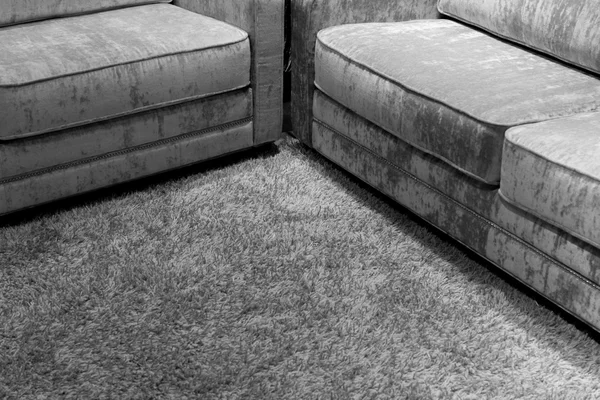 Weiches Sofa und flauschiger Teppich monochrom — Stockfoto