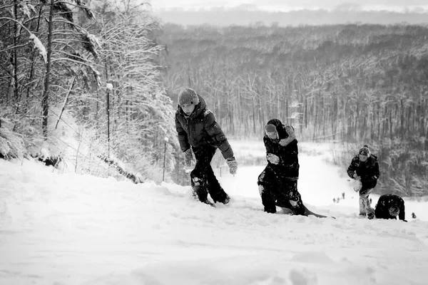 Russian Teenagers Wild Snow Slide Winter Ride Downhill — стокове фото