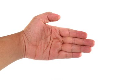 Adam elini uzatmış, beyaz arka planda izole edilmiş.