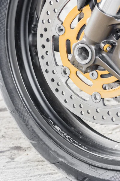 stock image Motorcycle wheel details with brake and wheel spoke